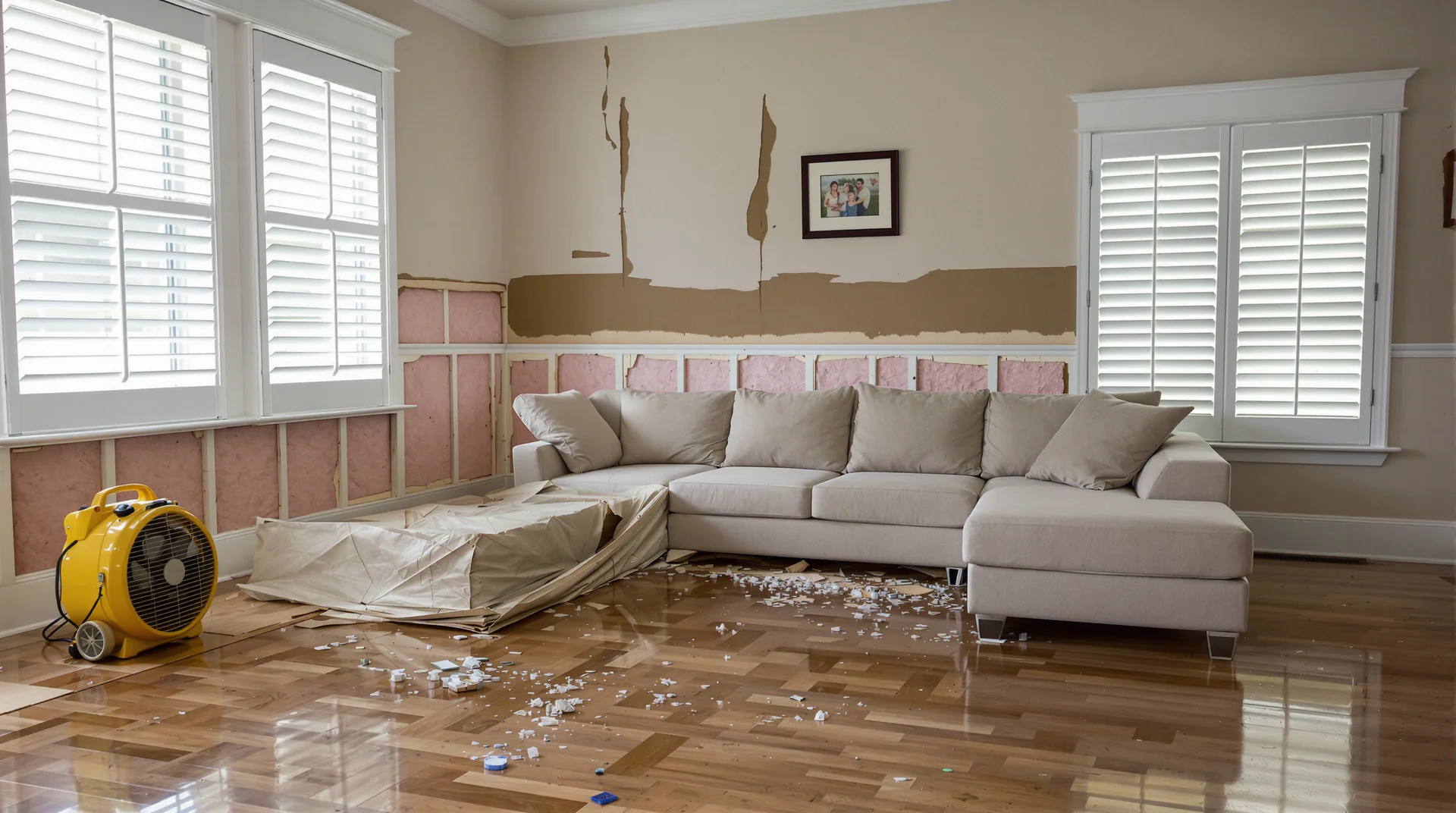 Sala con dos pulgadas de agua sobre el piso de madera al amanecer